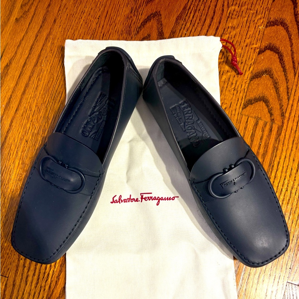 Salvatore Ferragamo Blue Leather Slip-On Loafers